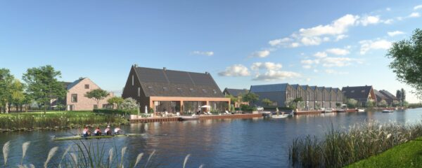 Artist impression van de waterzijde van Haarlem Buiten, terrassen aan het water met een aangemeerde roeiboot