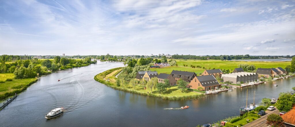 Artist impression vanuit de lucht van Haarlem Buiten op de landtong tussen het Spaarne en de Ringvaart