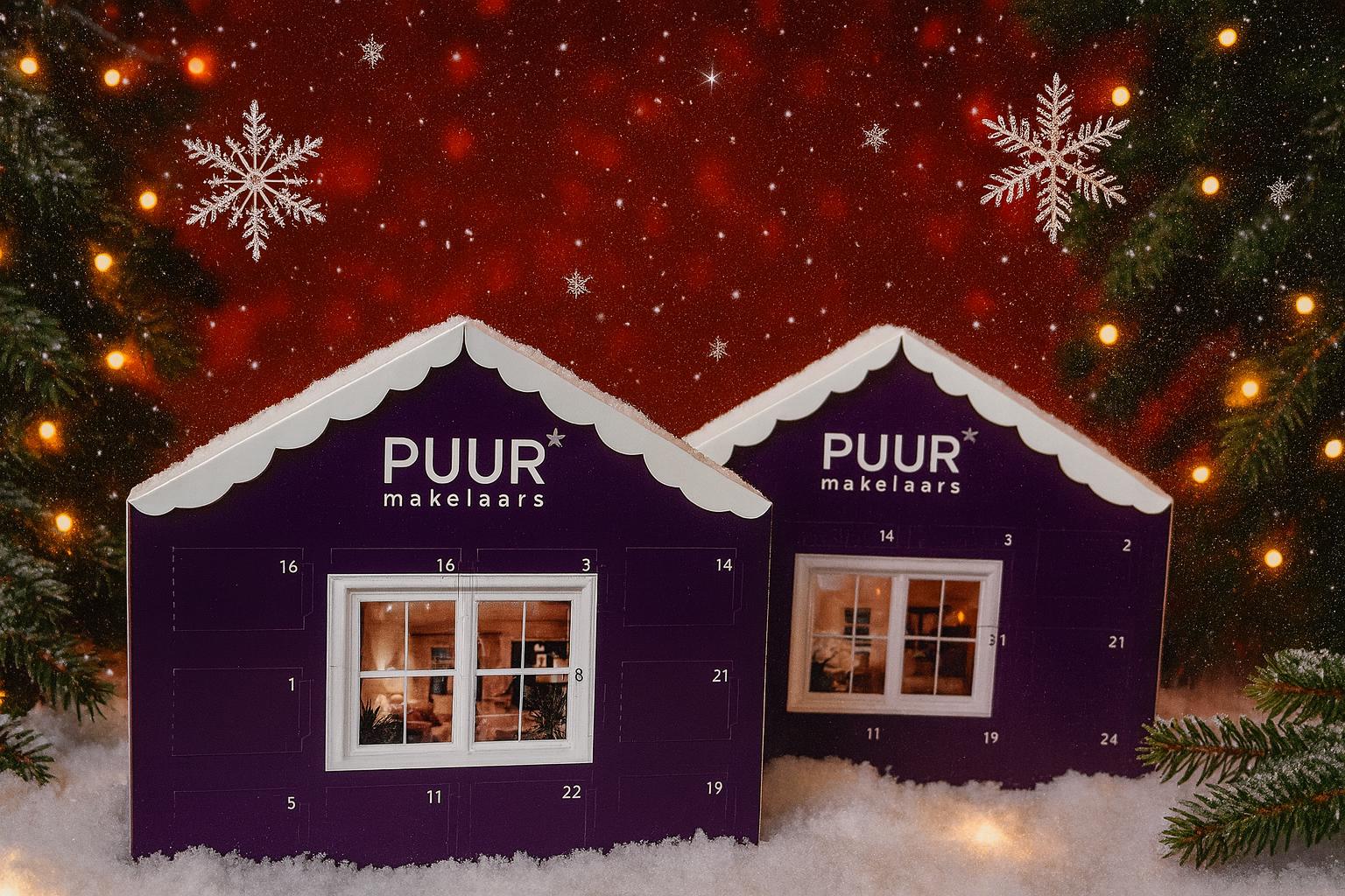 Christmas-themed advent calendar display with snowflakes.