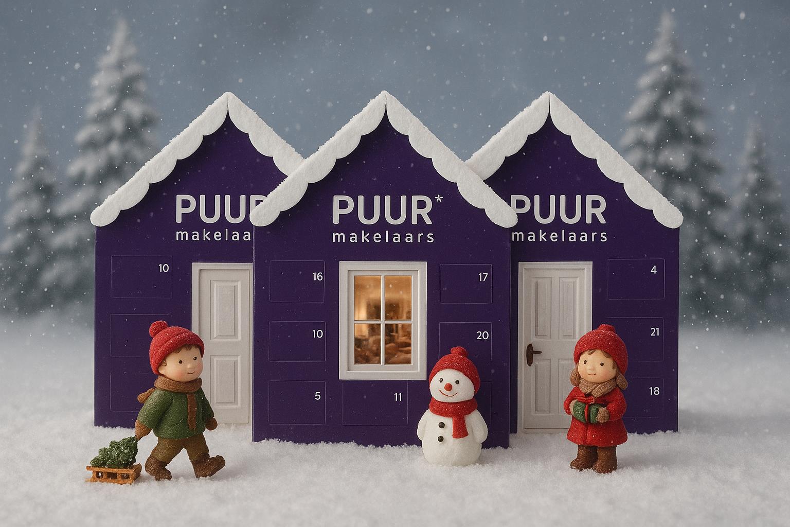Toy houses with snowmen and children in winter scene.