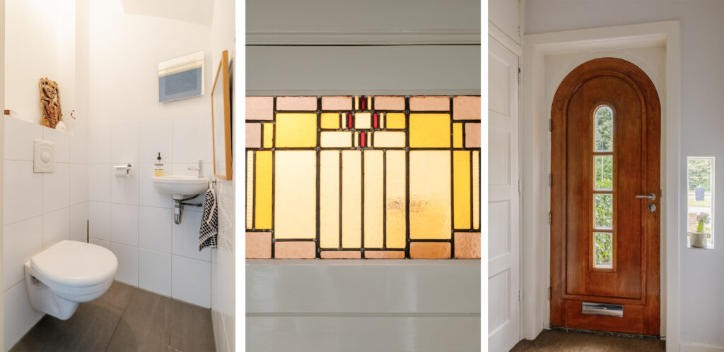 Bathroom, stained glass window, wooden door.