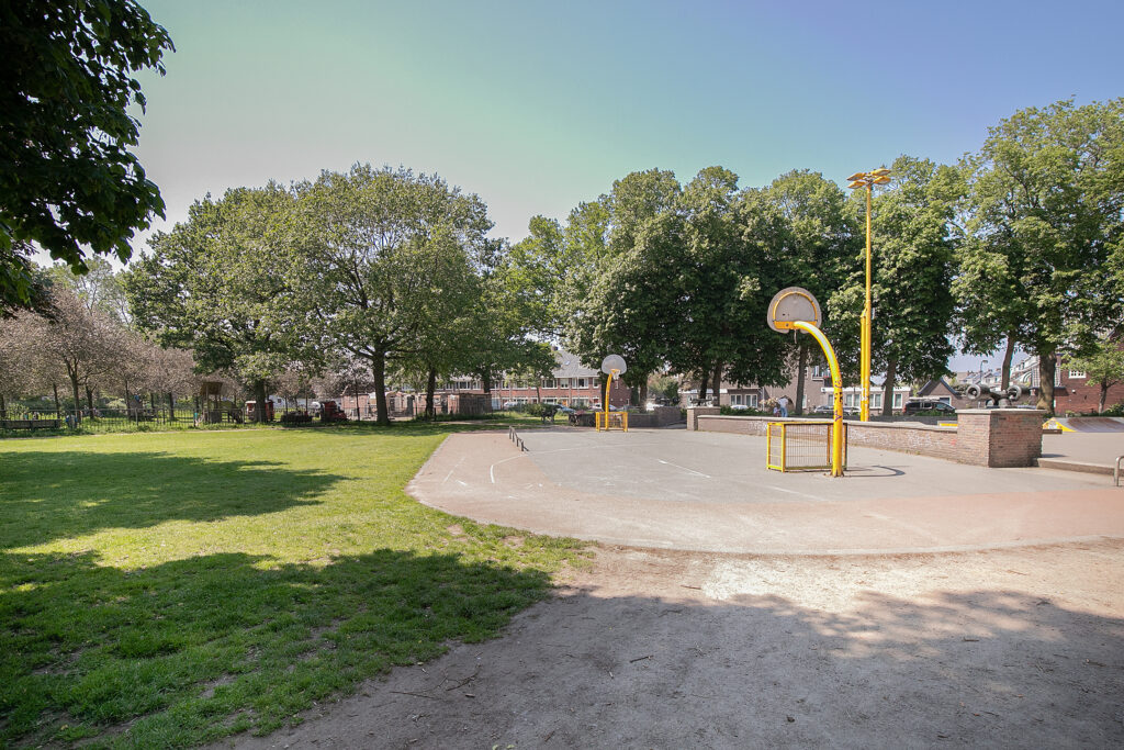 Outdoor basketball court with metal hoops and trees.