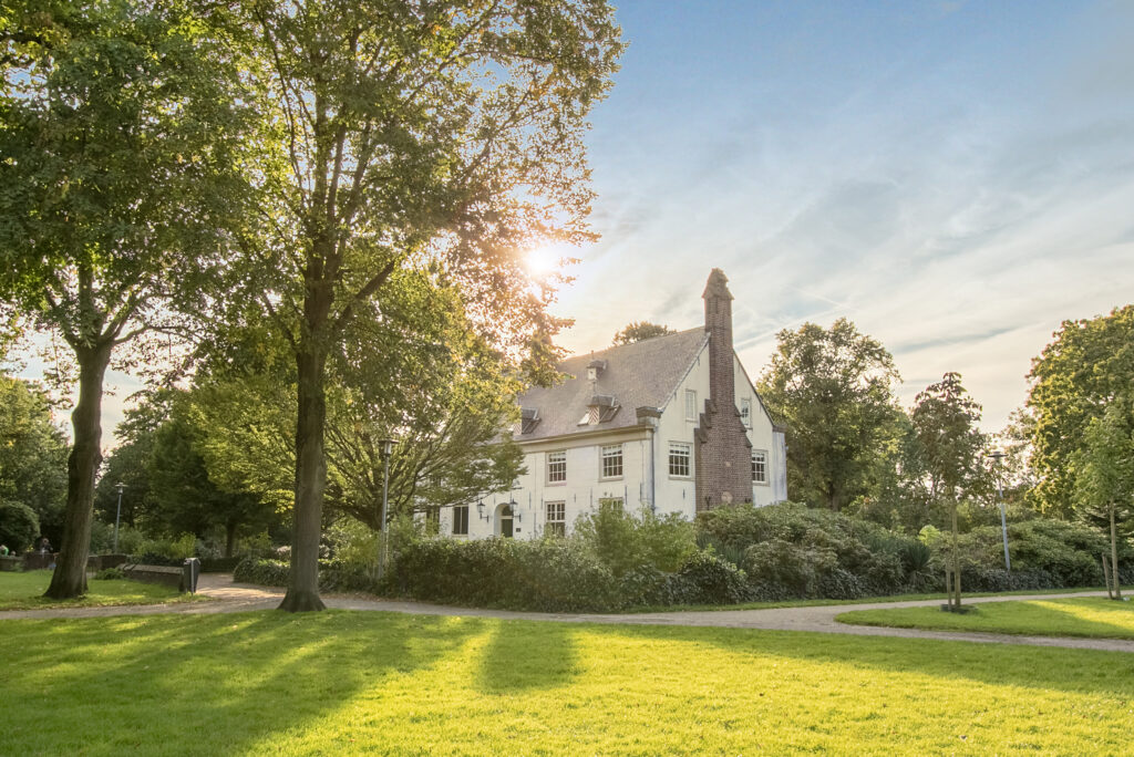Sunlit house surrounded by trees and greenery.