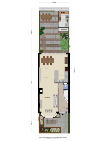 Modern house floor plan with garden layout.