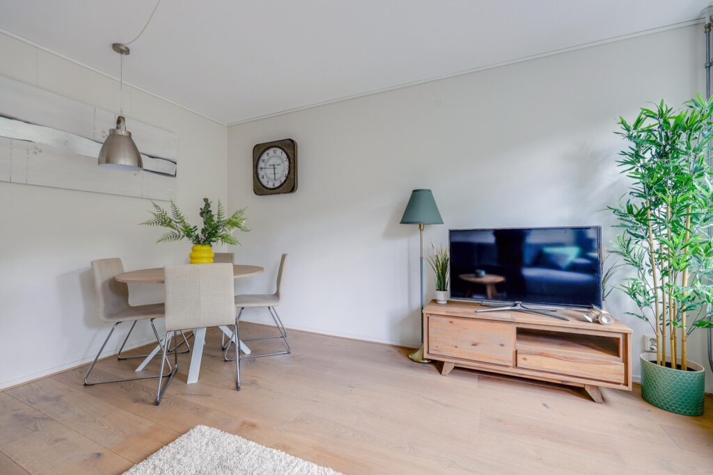 Modern living room with TV and dining area.