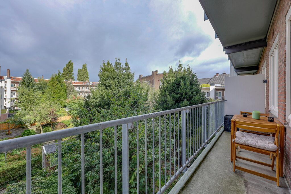Apartment balcony overlooking green trees and neighborhood.