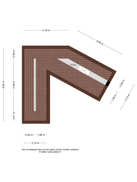 L-shaped attic floor plan with measurements.