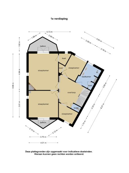 Floor plan with bedrooms, bathroom, balconies.