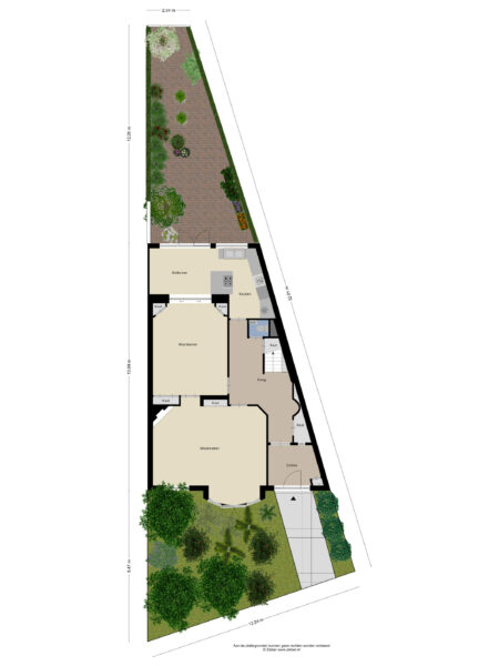 Triangular house floor plan with garden.