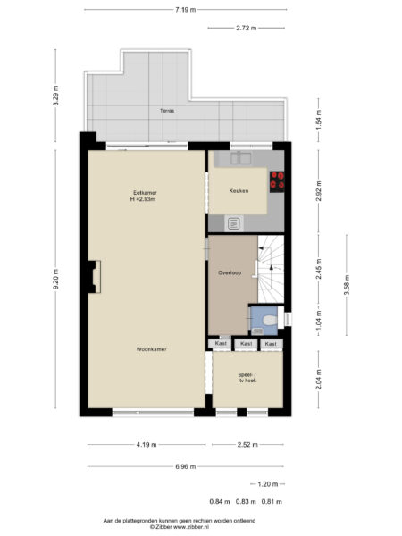 Ground floor layout with terrace and kitchen.