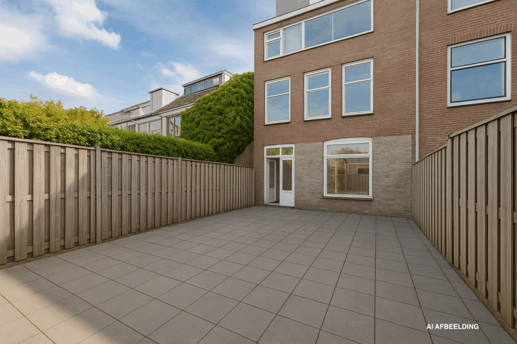 Spacious backyard with paved patio and modern house.