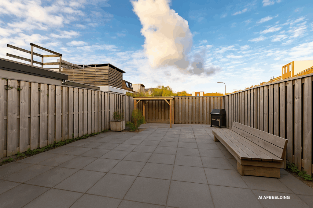 Sunny backyard with wooden fence and bench.