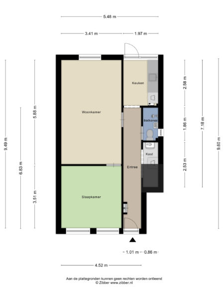 Apartment floor plan with dimensions and labeled rooms.