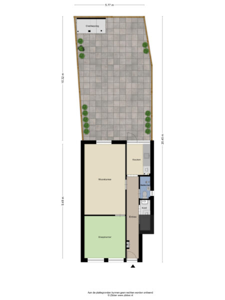 Single-story house floor plan with garden.
