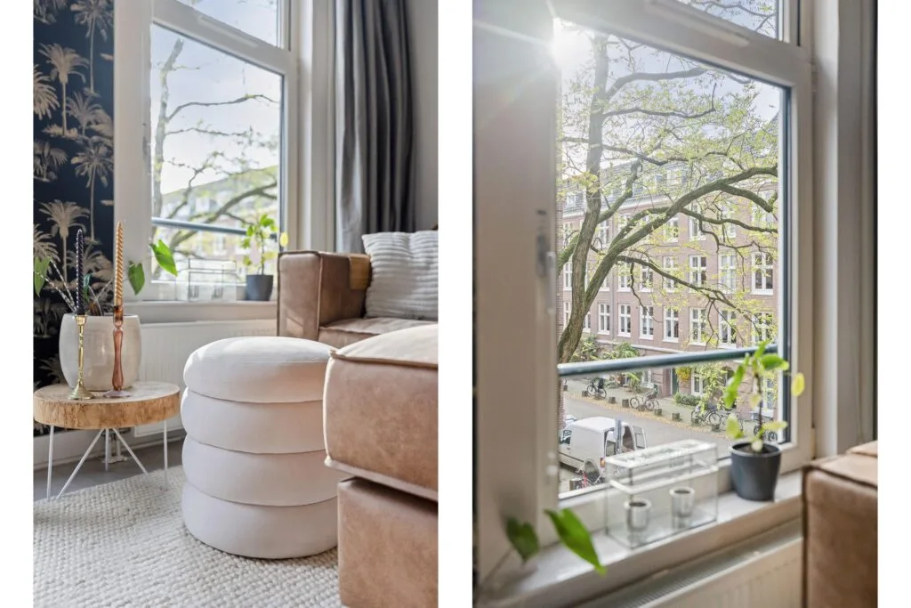 Cozy living room with street view.