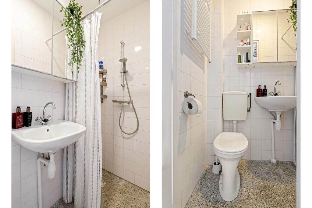 Modern bathroom with shower, sink, and toilet