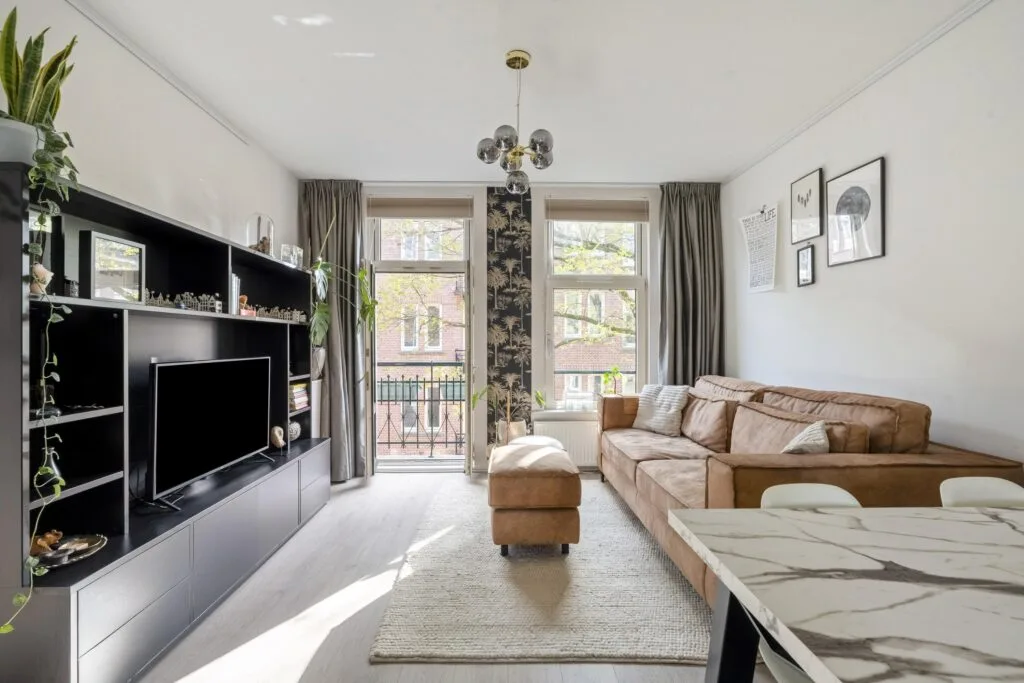 Modern living room with sofa and entertainment center.
