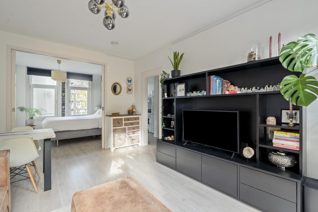 Modern living room with bed and large window
