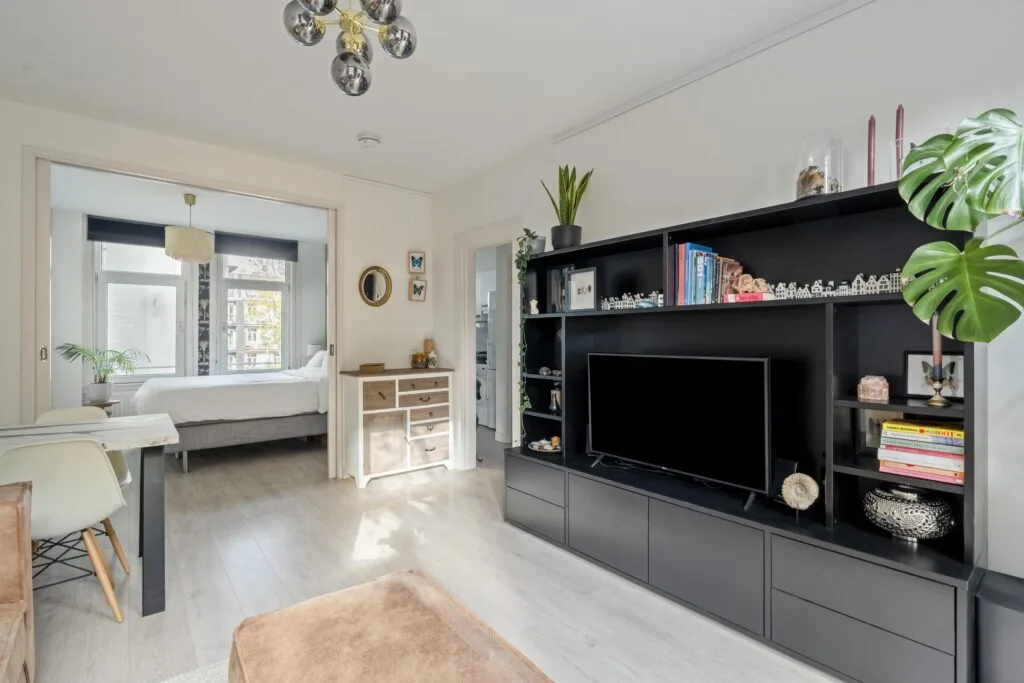 Modern living room with bed and large window