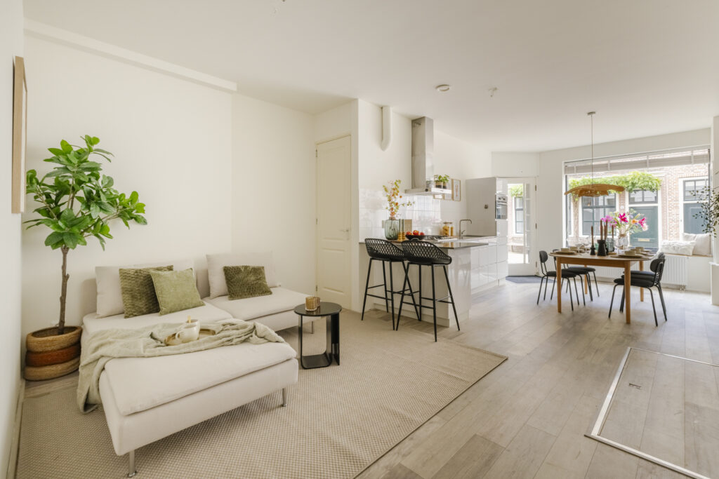 Modern open-plan living room and kitchen interior.