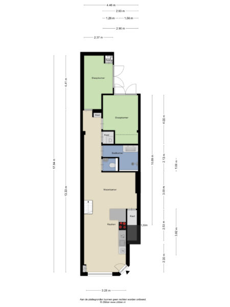 Apartment floor plan with dimensions and room labels.