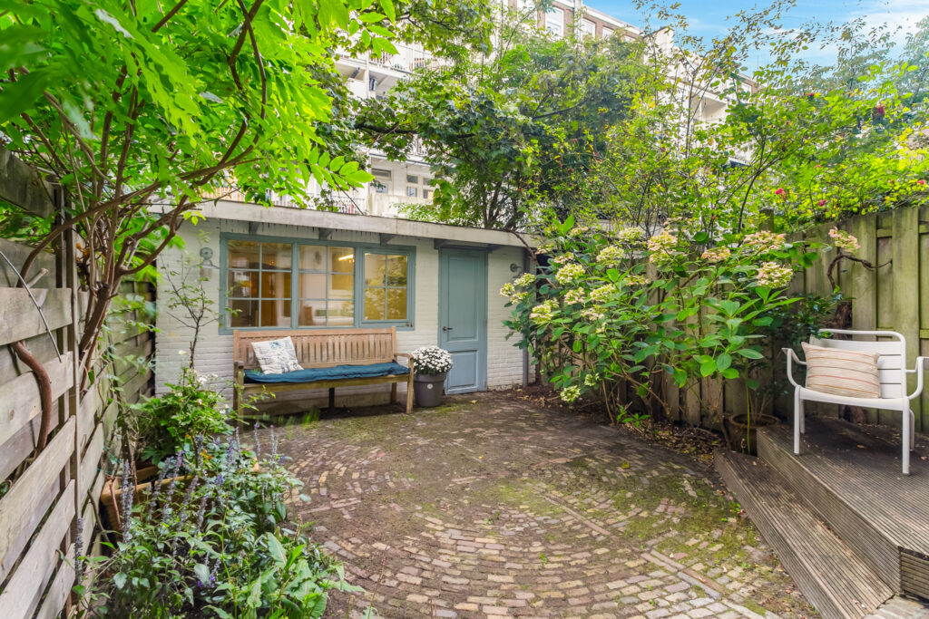Cozy garden with bench and plants