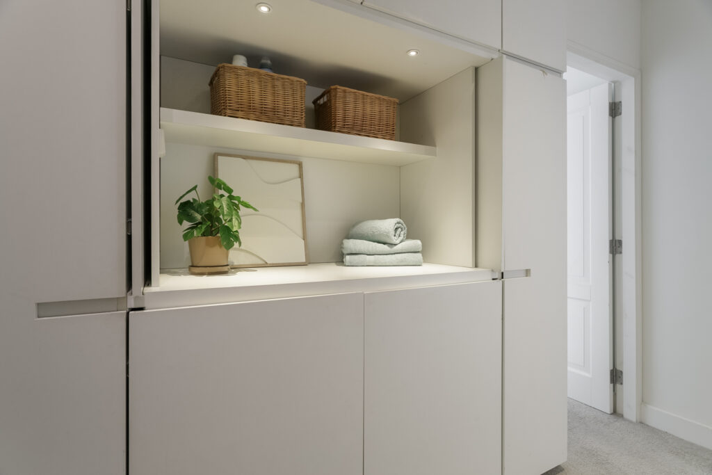 Minimalist shelf with plant and towels