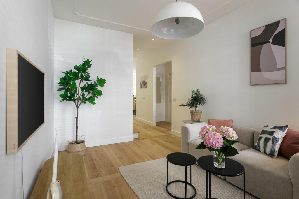 Stylish modern living room with decor and plants.
