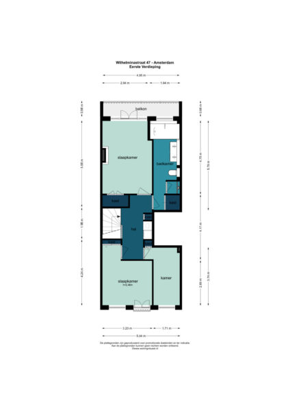 Blueprint of Amsterdam apartment with dimensions and rooms.