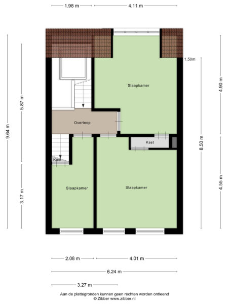 Second floor plan with three bedrooms and closets.