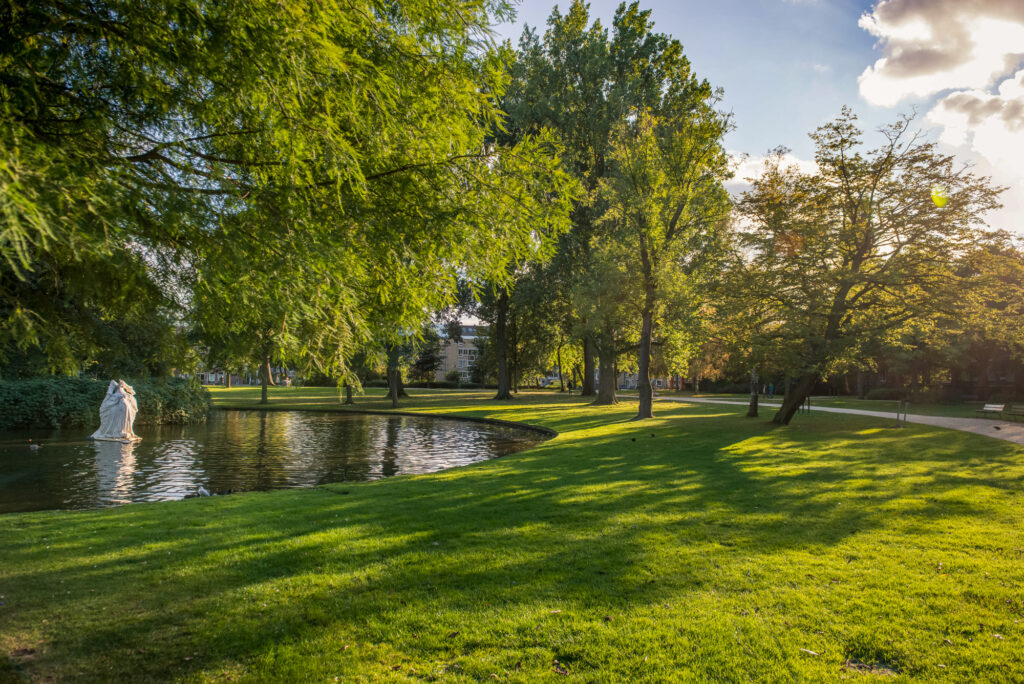 Sunny park with pond and trees, statue visible.