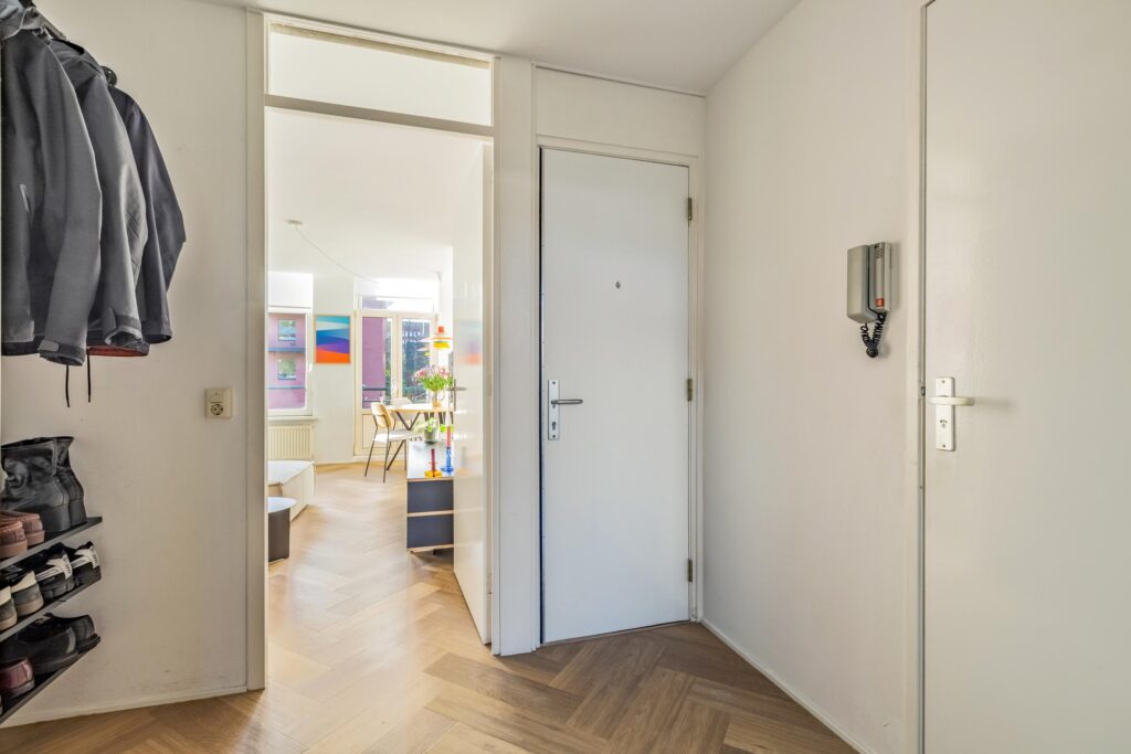 Bright hallway leading to modern living room.