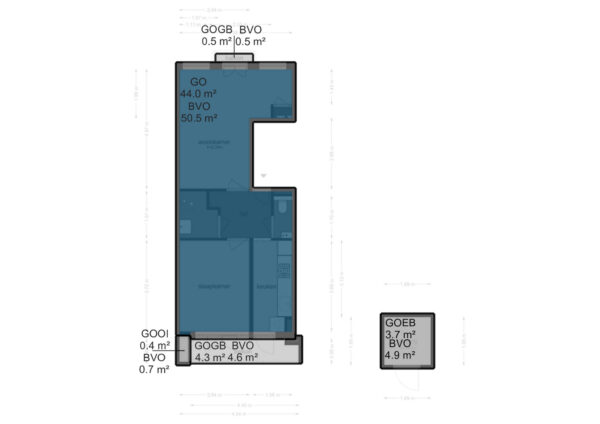Apartment floor plan with measurements and rooms labeled.