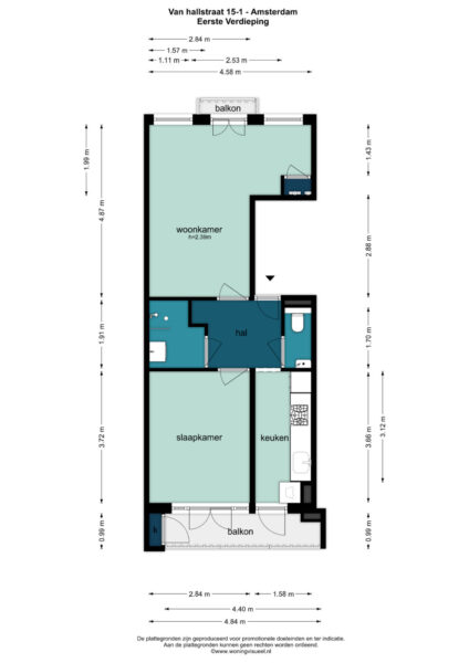 Amsterdam apartment floor plan with measurements.