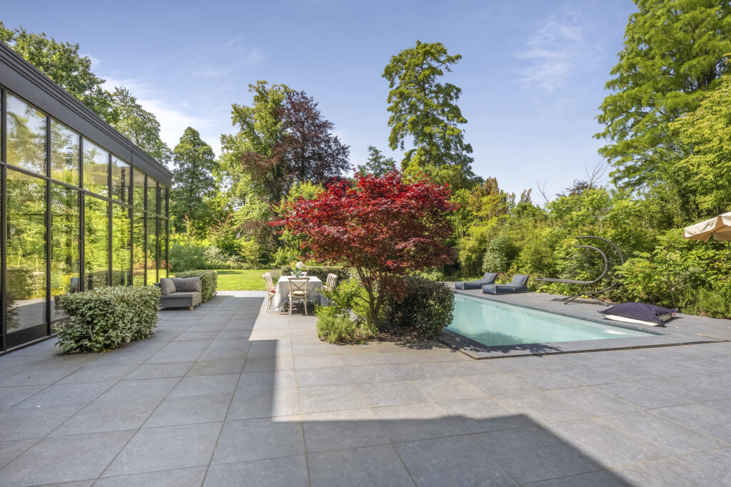 Modern backyard with pool and patio, surrounded by greenery.