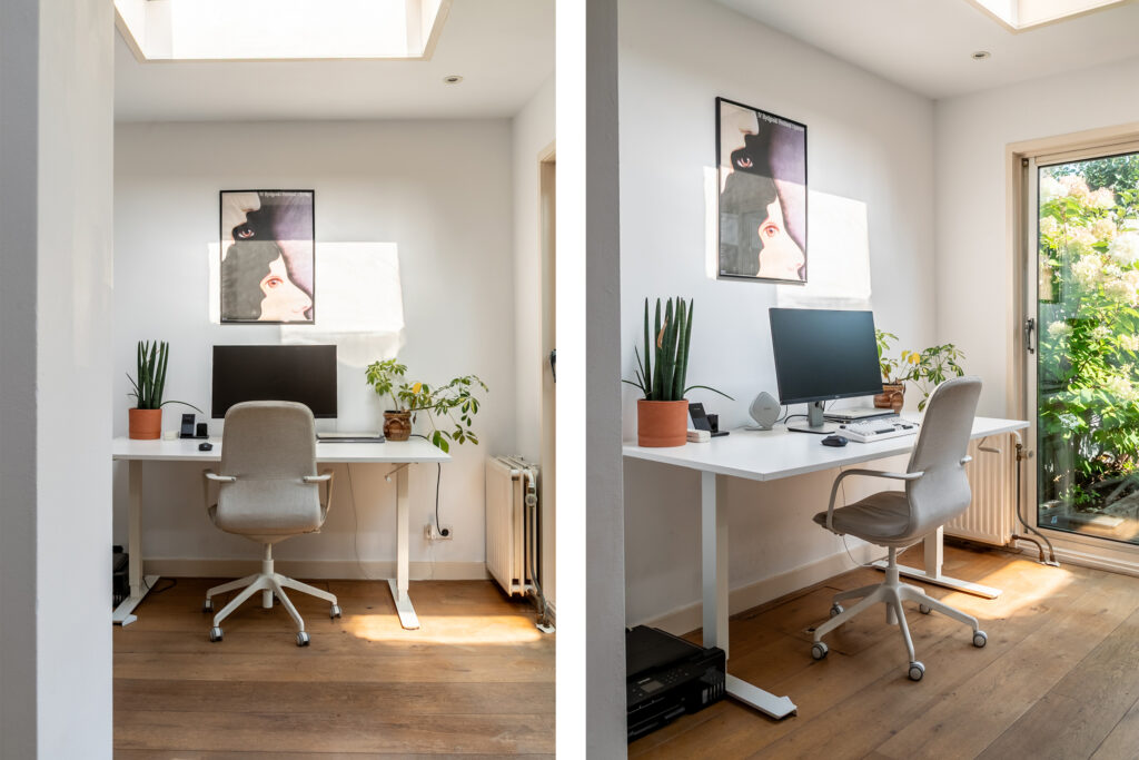 Bright home office with desk, chair, and plants.
