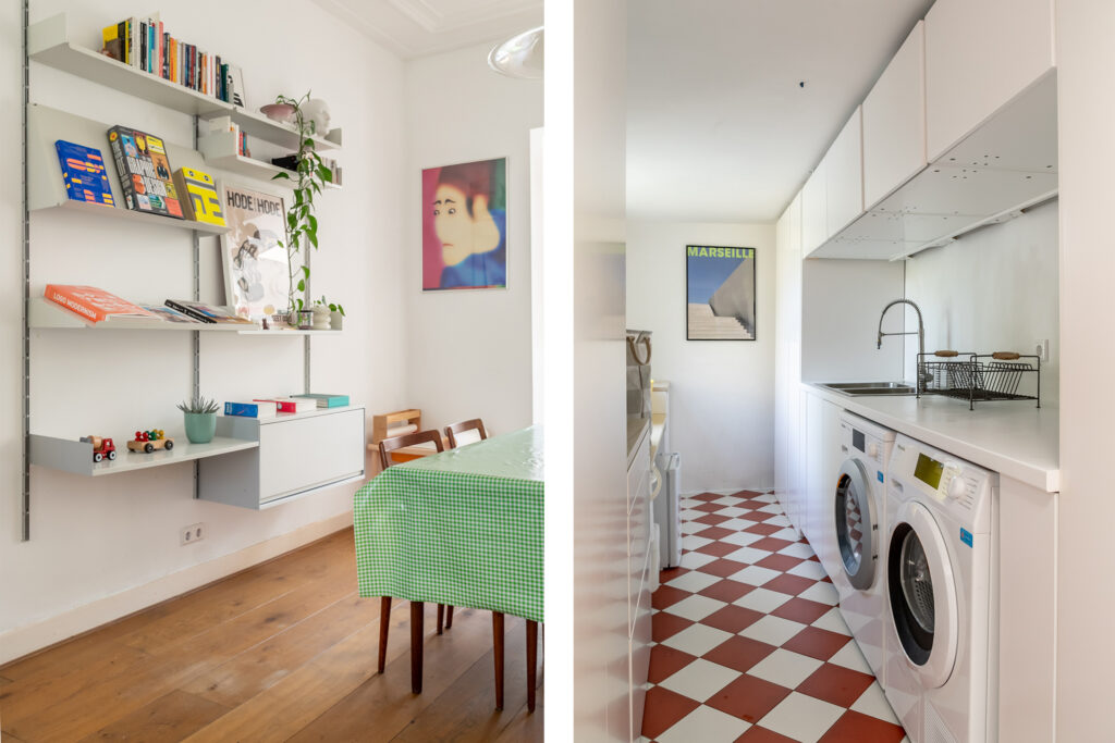 Bookshelf dining area and modern laundry room