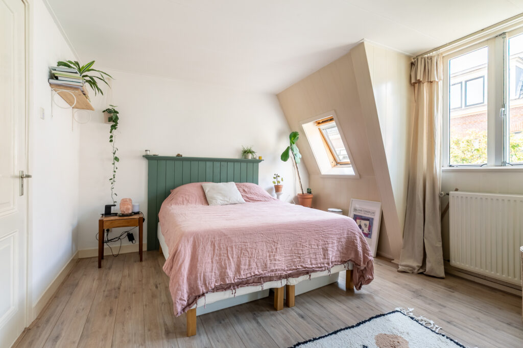 Cozy bedroom with pink bedding and plants
