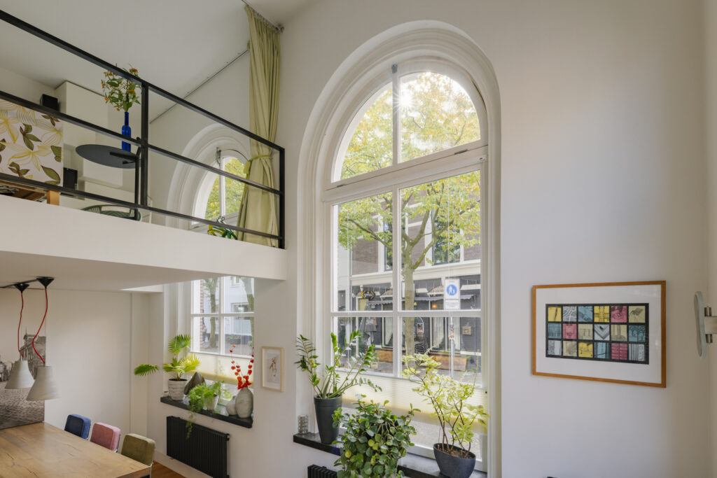 Modern living space with large windows and plants