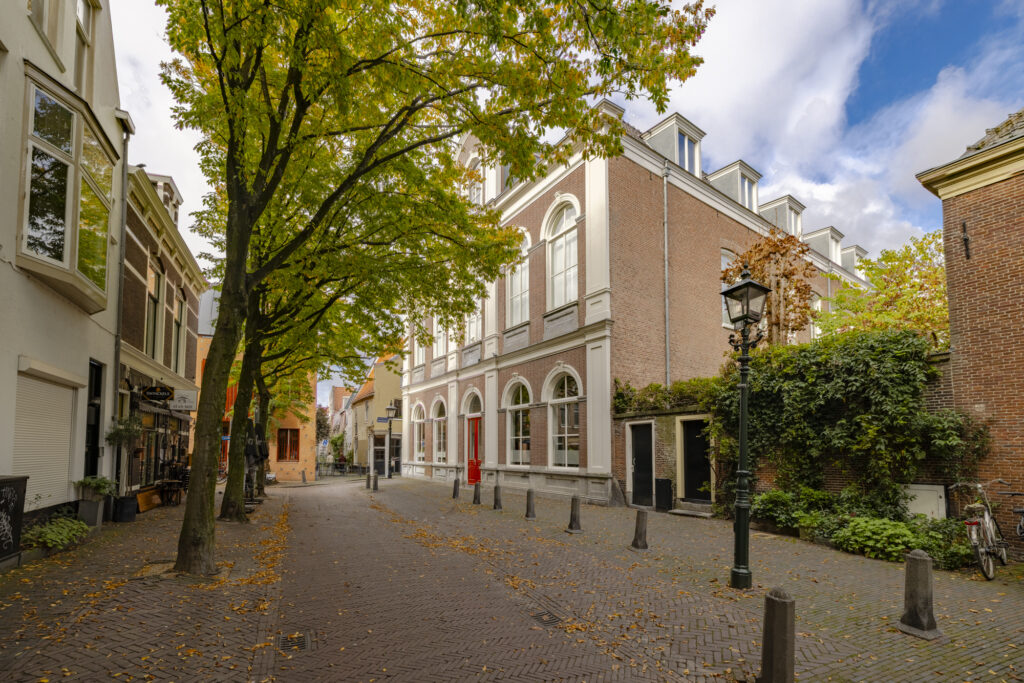 Charming European street with historic buildings and trees.