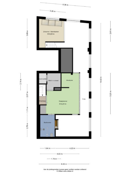Floor plan with bedroom, bathroom, and office area.