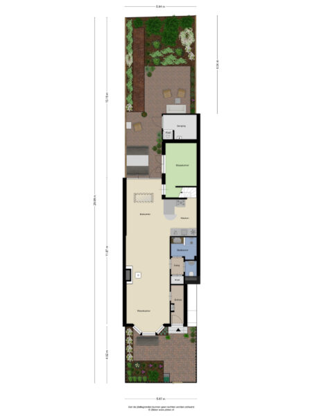 Single-story house floor plan with garden.