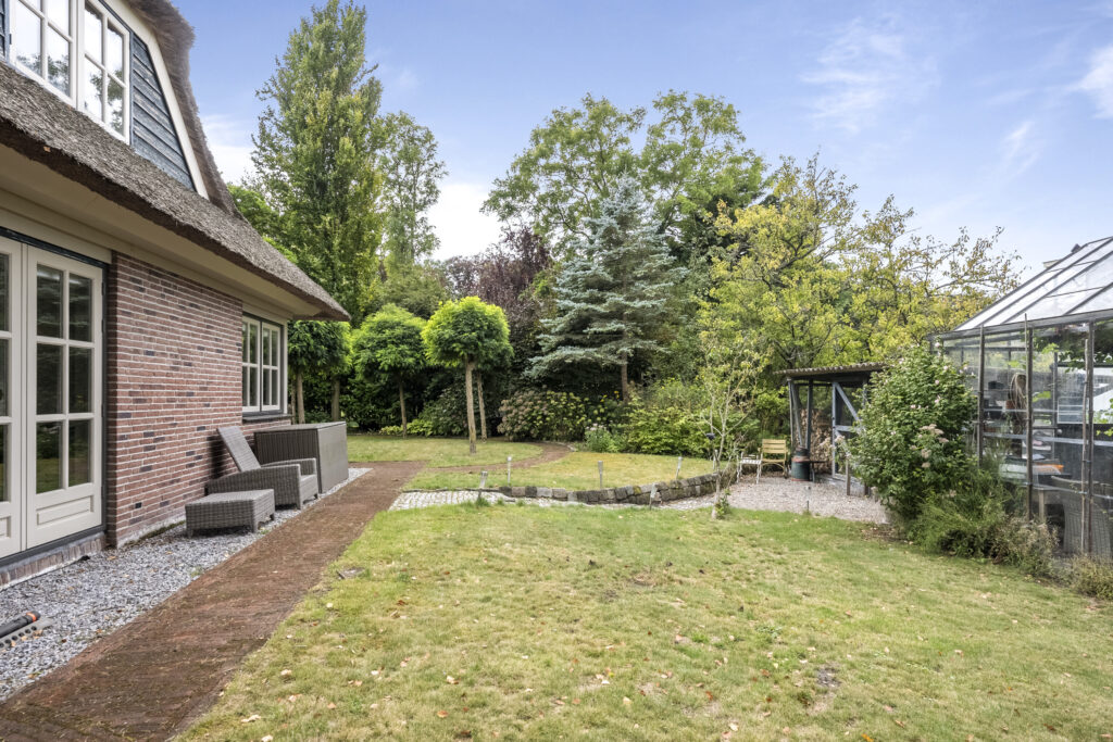 Suburban backyard with garden and greenhouse