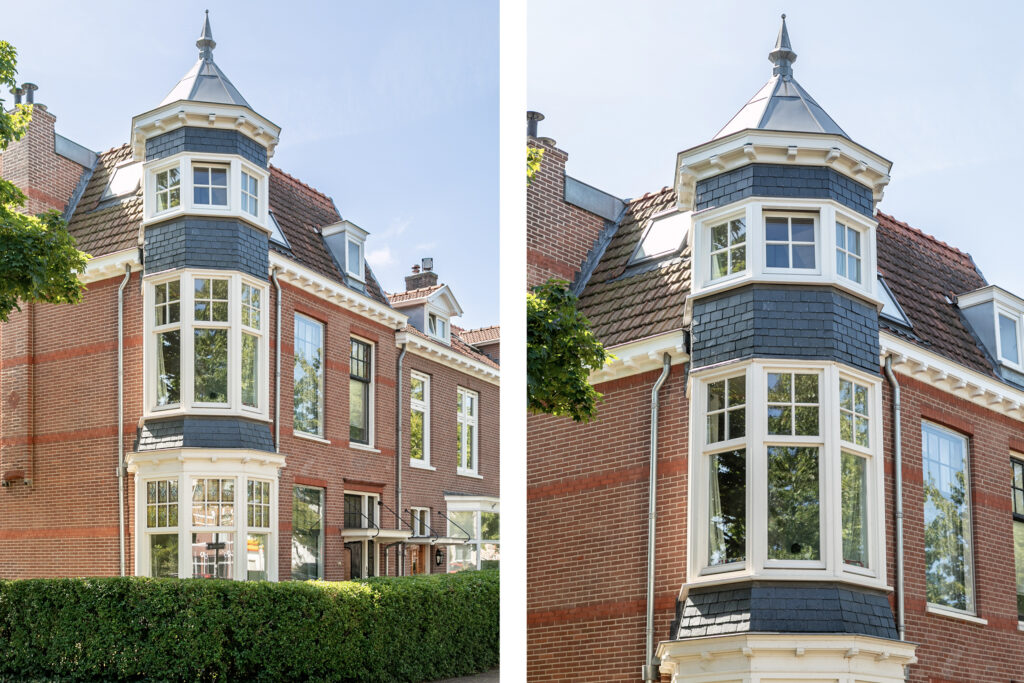 Historic brick house with turret and large windows.