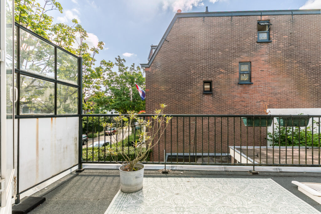 Sunny balcony with potted plant, overlooking brick building.