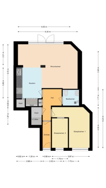 Two-bedroom apartment floor plan with measurements.