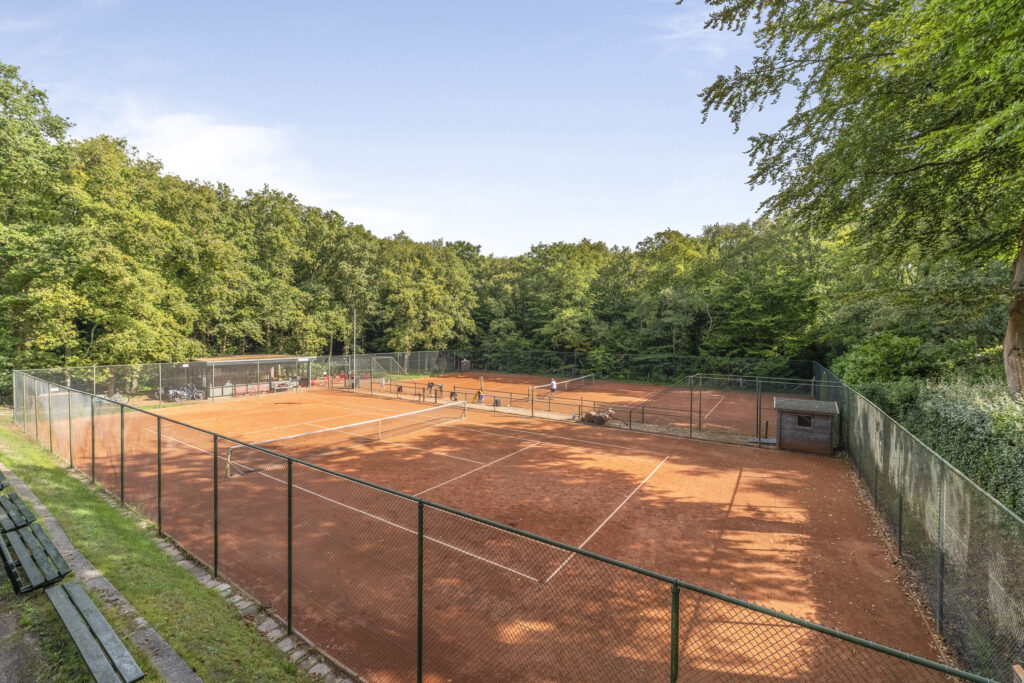 Scenic outdoor clay tennis courts with trees.