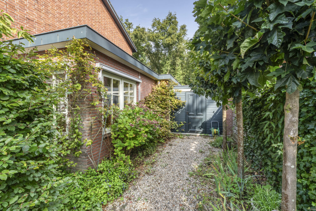 Charming garden path with greenery and brick house.