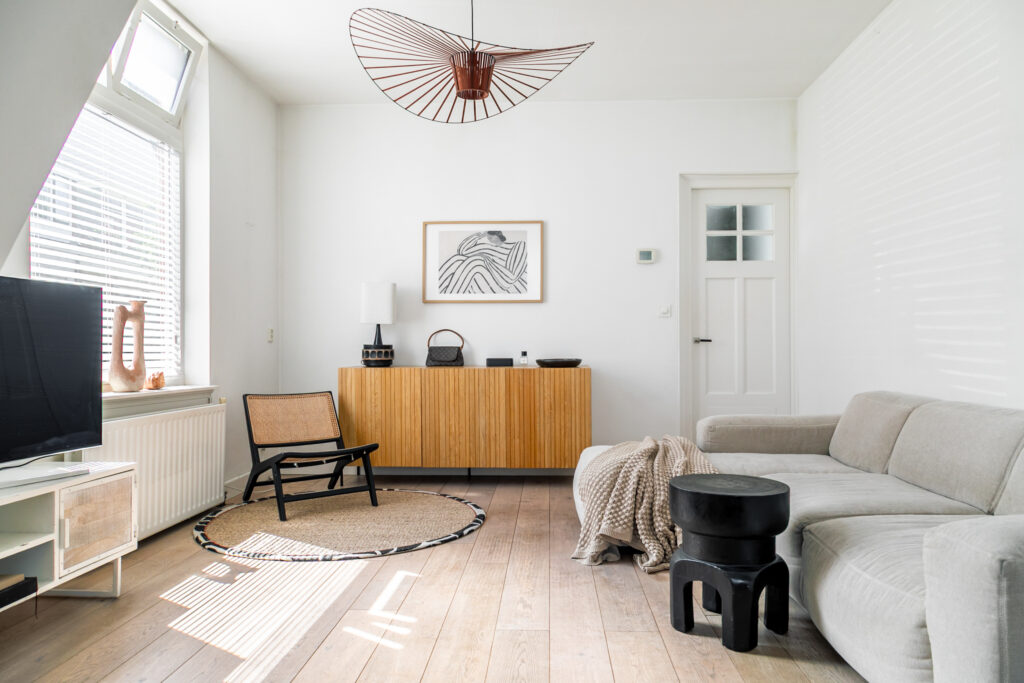 Minimalist modern living room with neutral decor