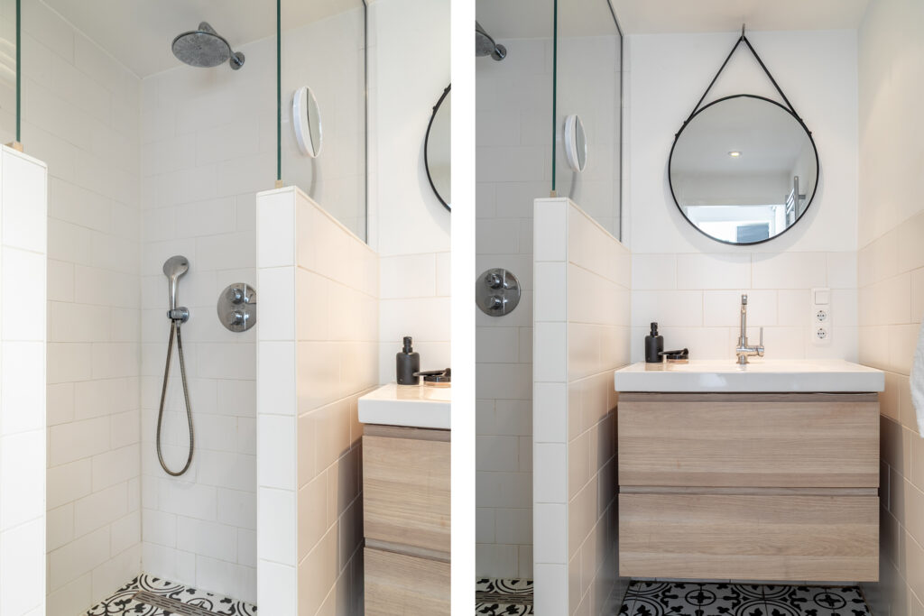 Modern bathroom with shower and vanity